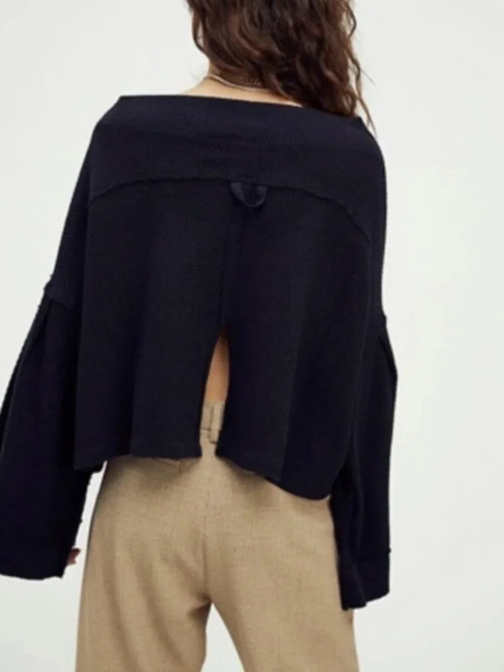 Free People Boho Boxy Bunny Tee Black Oversized Puff Sleeve Slit Off Shoulder